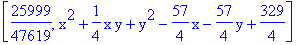 [25999/47619, x^2+1/4*x*y+y^2-57/4*x-57/4*y+329/4]